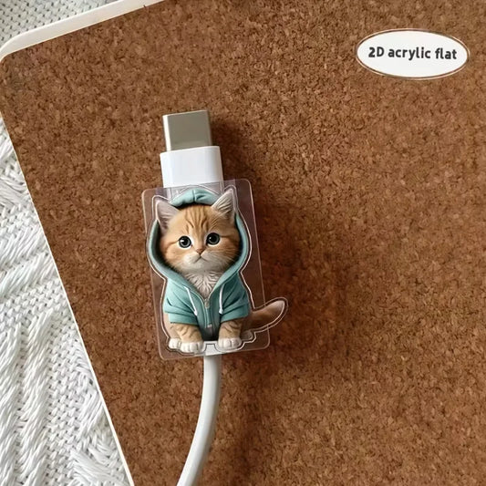 Dos protectores de cable de datos con forma de gato caricaturesco, compatibles con interfaz Tipo C / carga, diseñados para evitar que el cable de carga se rompa.