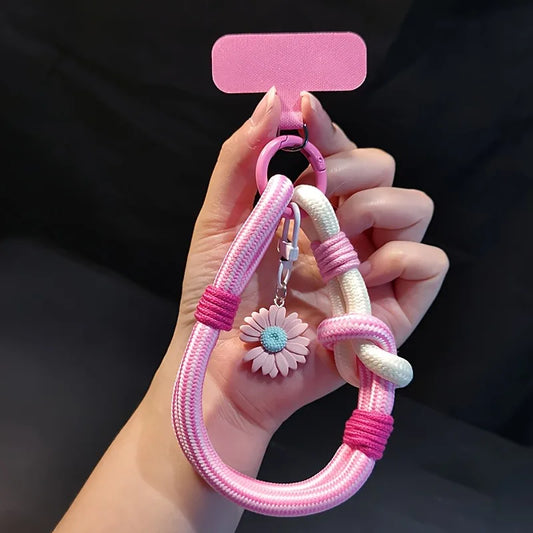 Lindo colgante universal ajustable para teléfono con flores 3D, correa de muñeca, cuerda corta de mano y accesorio decorativo para celular